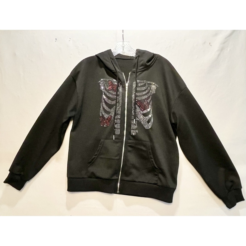 Shein Pullover hoodie Skeleton Rhinestone Gothic Black Zip up Hoodie Size S